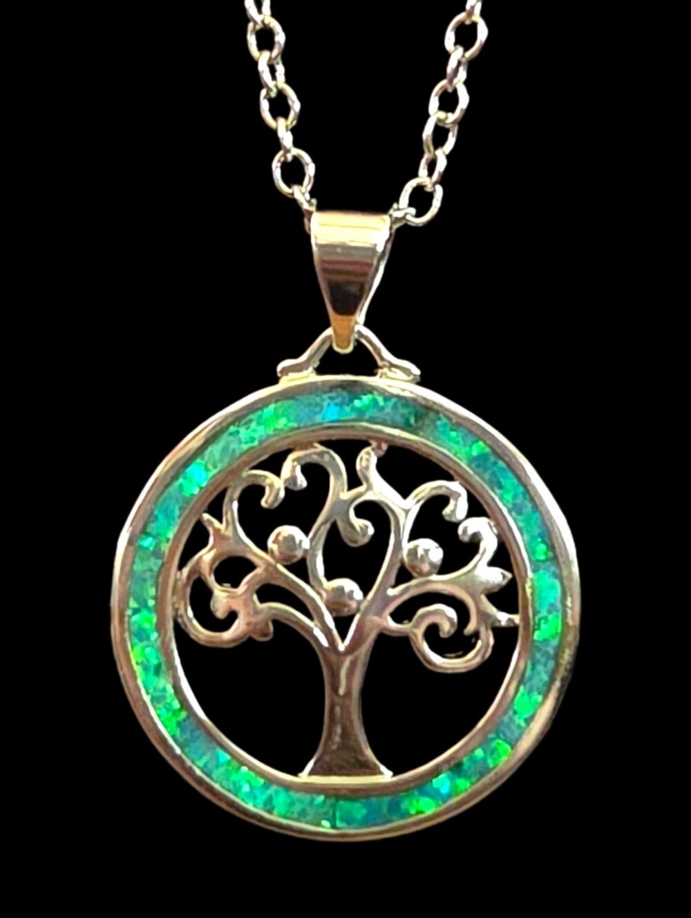 18k White Gold Filled Tree of Life Pendant Necklace with Green Opal Inlay
